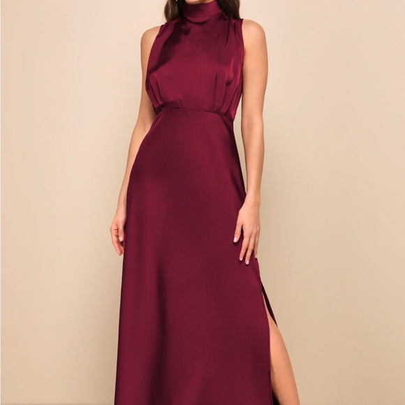 Lulus Classic Elegance Wine Satin Sleeveless Mock Neck Maxi Dress - Size XS - Picture 2 of 7